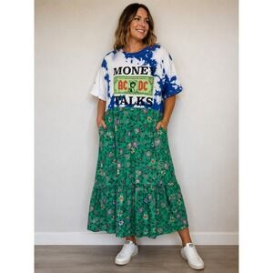 ACDC Money Talks Upcycled Bleached T-Shirt Floral Maxi Dress Blue Green XL OOAK